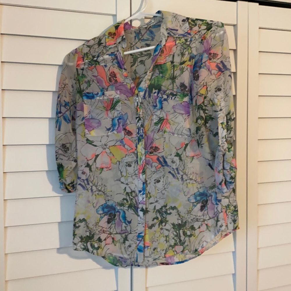 Express Portofino Buttondown Sheer Neon Floral XS